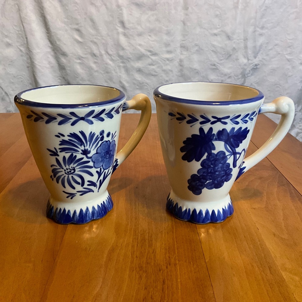 Bella Casa by Ganz Blue Floral Grapes Mug Cup Set of‎ 2 Footed Pedestal